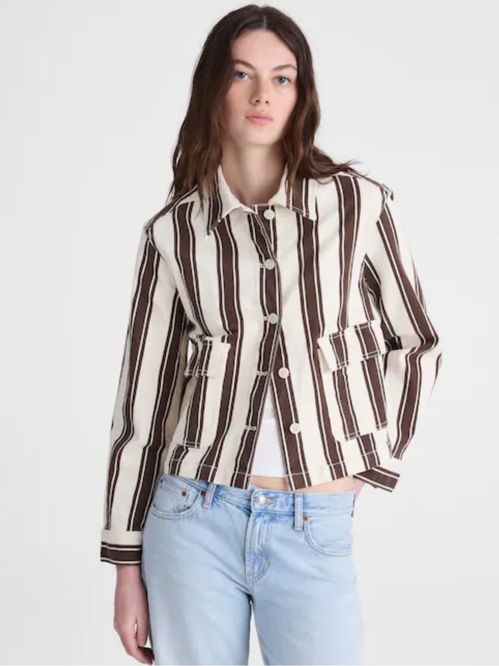 Madewell Cropped Button-Front Jacket - Dark Brown Stripe NWOT